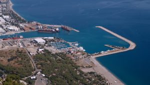 an aerial view of a harbor and a city salerno port